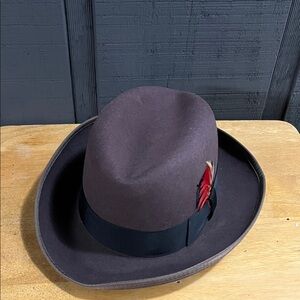 Classic Brown Fedora Hat with Red Feather
